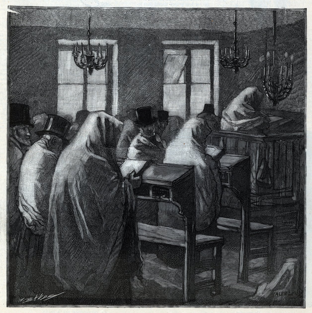 Święta żydowskie: fidele podczas modlitwy w oratorium w czasie świąt. Grawer „Le monde illustree” z 1892 r. Ze zbiorów prywatnych. autorstwa Anonymous Anonymous