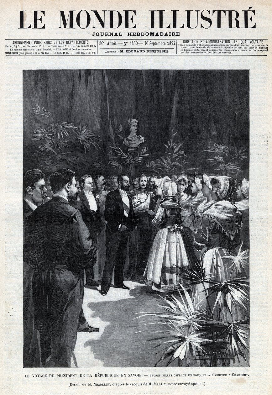 Podróż Sadi Carnot (1837-1894) do Sabaudii: Prezydent Republiki jest witany w Chambery przez młode dziewczyny oferujące mu bukiet kwiatów. Gazeta. Grawer „Le monde illustree” z 1892 r. Ze zbiorów prywatnych. autorstwa Anonymous Anonymous