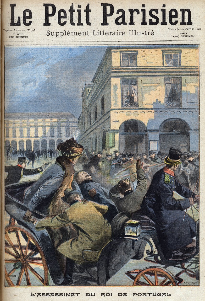 Król Karol I Portugalii (1863-1908) i książę Luis Filipe zostali zamordowani w Lizbonie przez Republikanów 1 lutego 1908 roku. Jedna z gazet „Le petit parisien”” 16/02/1908. Prywatna kolekcja. autorstwa Anonymous Anonymous