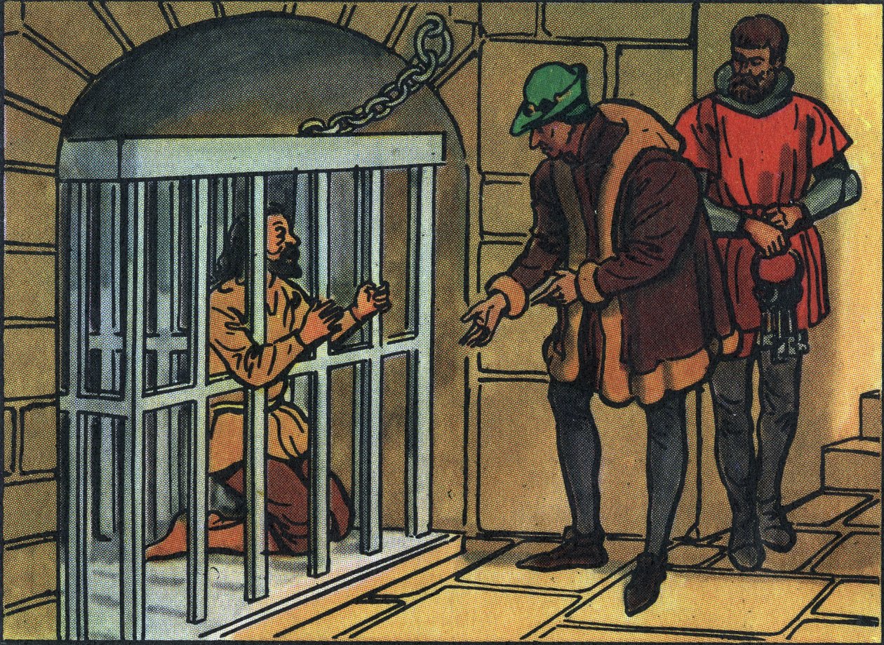 Król Ludwik XI odwiedzający klatki więzienia Bastylii. Anonimowa ilustracja w „”Kolekcji suwerenów i głów państw Francji””. XX wiek. Prywatna kolekcja. autorstwa Anonymous Anonymous