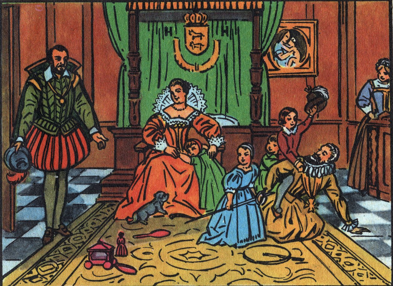 Król Francji Henryk IV (1553-1610) bawiący się z dziećmi przed ambasadorem Hiszpanii W centrum, królowa Maria Medycejska, dzieci to Ludwik XIII, Elżbieta Francuska, Krystyna Francuska i Mikołaj. Anonimowa ilustracja w „” Collectio autorstwa Anonymous Anonymous