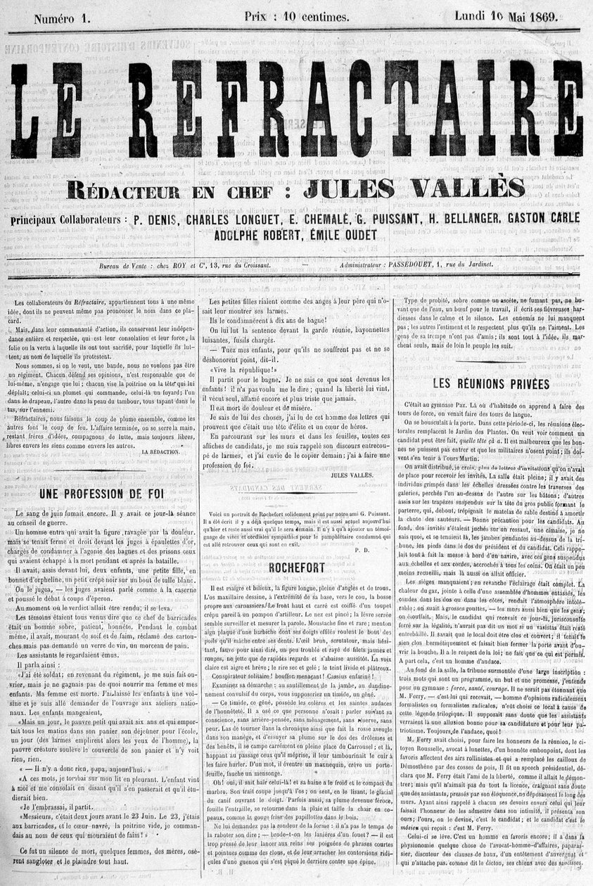 La strona tytułowa pierwszego numeru gazety „Le Reflectaire”, redaktor naczelny: Jules Vallès, poniedziałek, 10 maja autorstwa Anonymous Anonymous