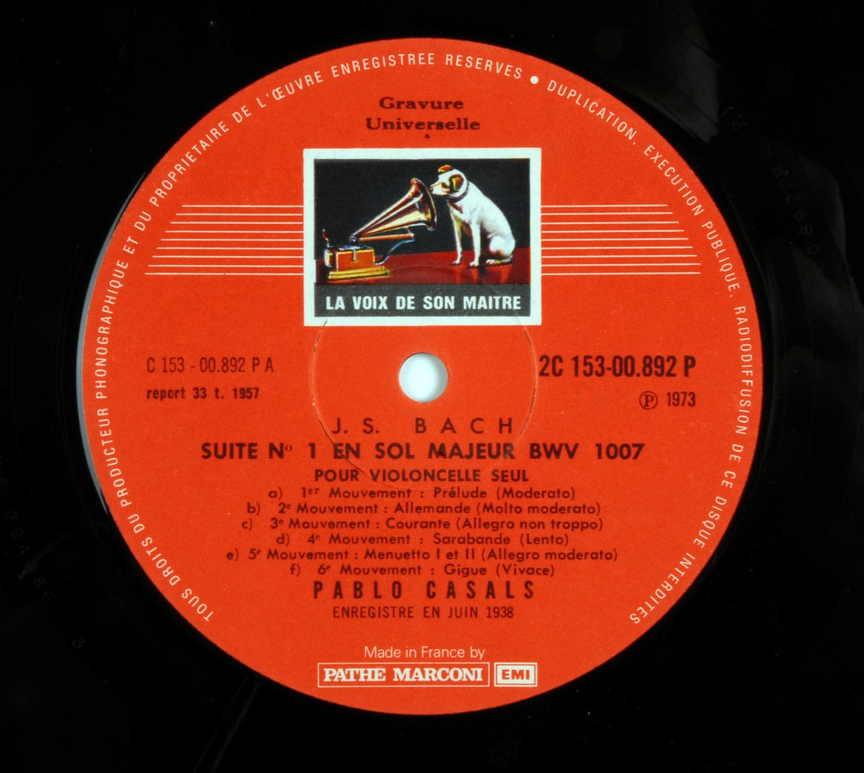 Wytwórnia płyty 33 turn (płyta winylowa) marki „EMI the voice of his master” Pabla Casalsa z interpretacją 6 suity na wiolonczelę Jeana Sebastiena Bacha (Johann Sebastian Bach autorstwa Anonymous Anonymous
