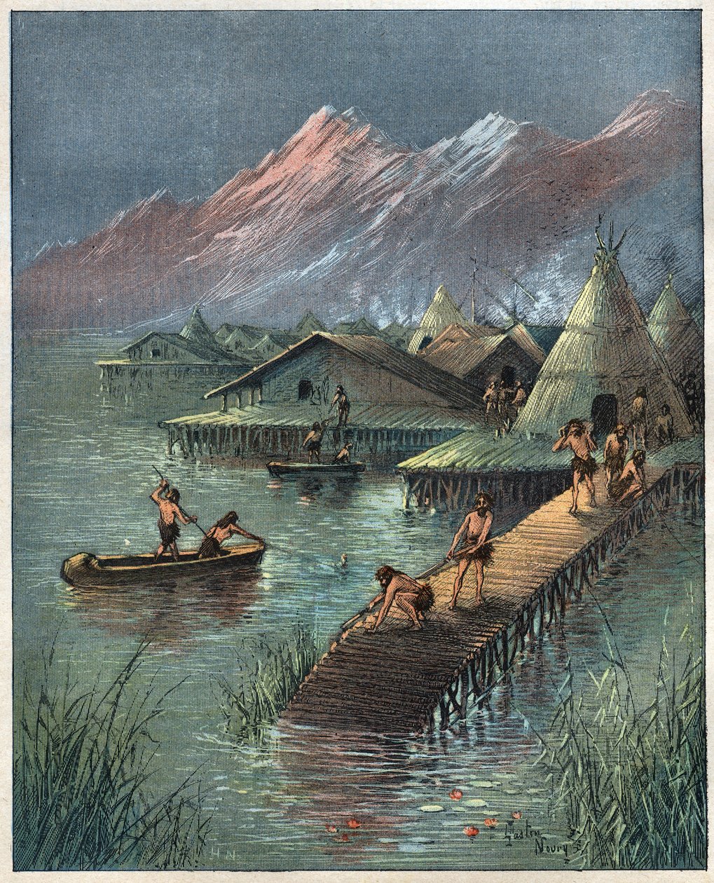 Lake Village, Prehistoryczne jezioro Cite (Village bati sur stilotis) (Palafitte, Palafitta) Rycina z 1892 roku. autorstwa Anonymous Anonymous