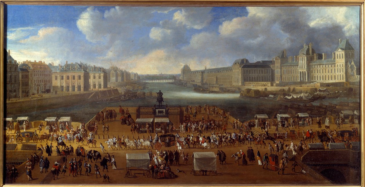 Le Pont Neuf widziany od wejścia do Place Dauphine, przejście konduktu na moście w 1669 Malarstwo anonimowe. Słońce. 0,81x1,62 m Paryż, muzeum Carnavalet autorstwa Anonymous Anonymous