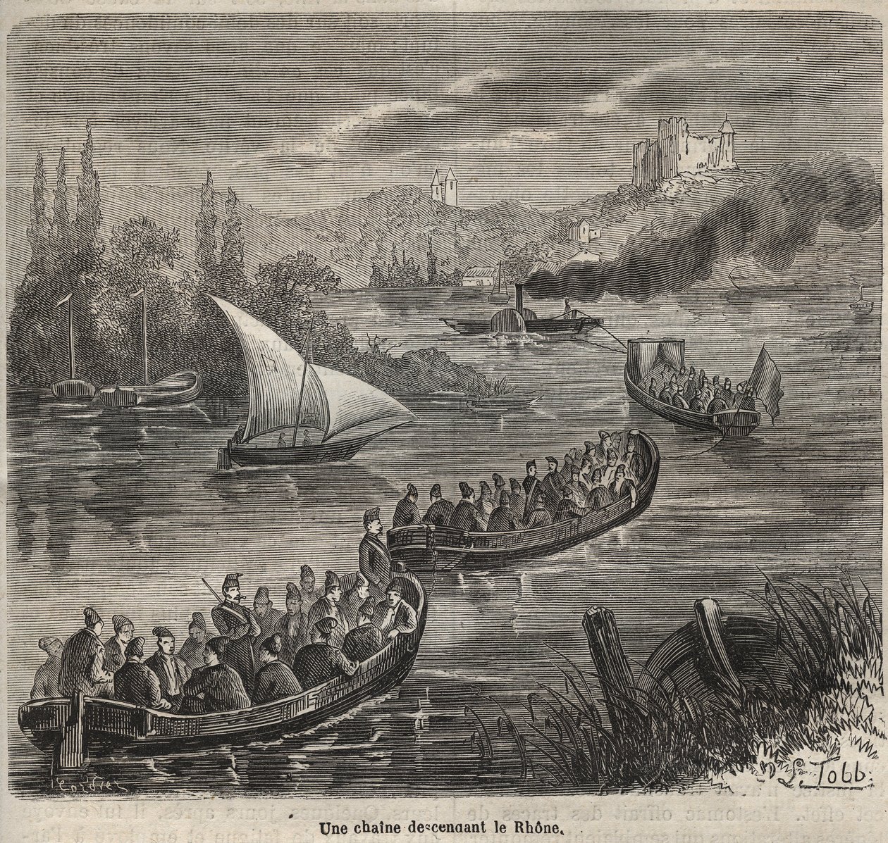 Więzienie Toulon - łańcuch schodzący w dół Rodanu - Grawerowanie w „Historii więzień od ich powstania do dnia dzisiejszego” (1877) autorstwa Pierre
