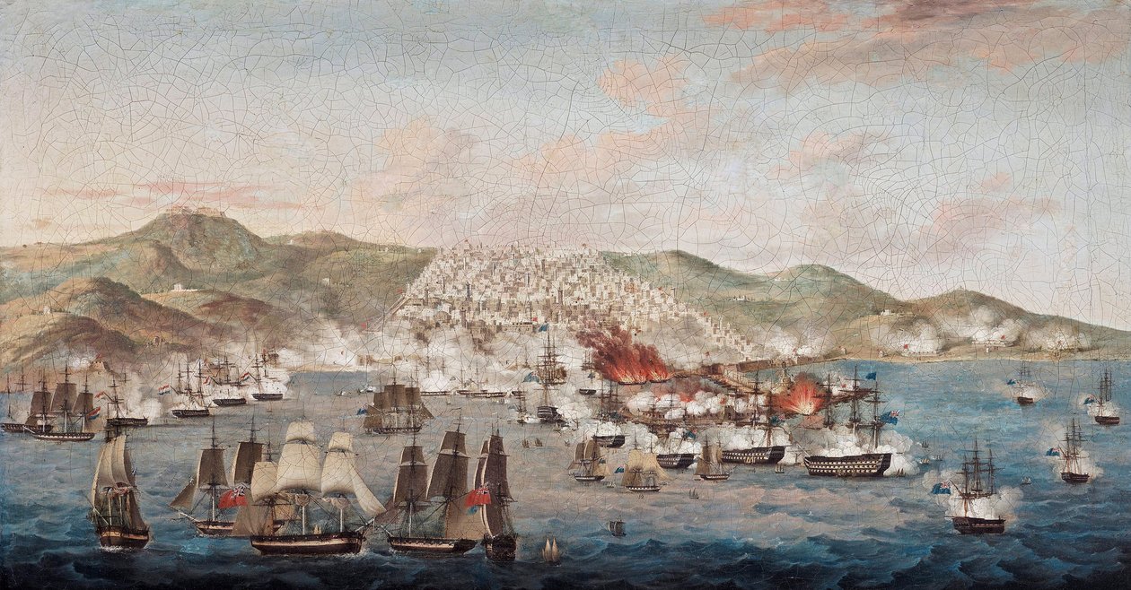 Bombardowanie Algieru (Algieria), 27 sierpnia 1816, akcja karna nakazana przez Sir Edwarda Pellewa (1757-1833), w celu uzyskania uwolnienia brytyjskiego konsula, a także ponad 1000 chrześcijańskich niewolników, byłych marynarzy schwytanych przez Algierczyk autorstwa Anonymous Anonymous