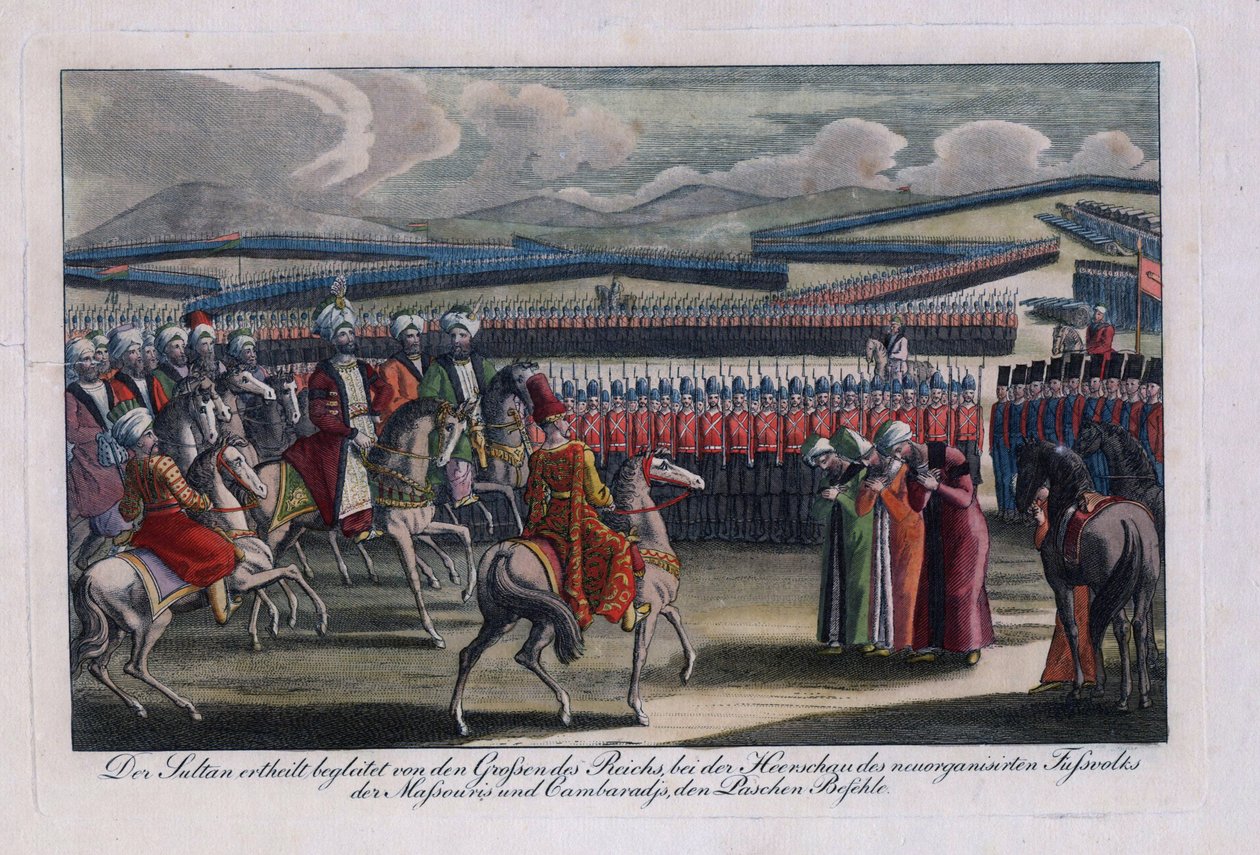 „„Osmański sułtan Selim III (1761-1808) przegląda swoją nową piechotę”” Anonimowy grawer 1806 Kolekcja prywatna autorstwa Anonymous Anonymous