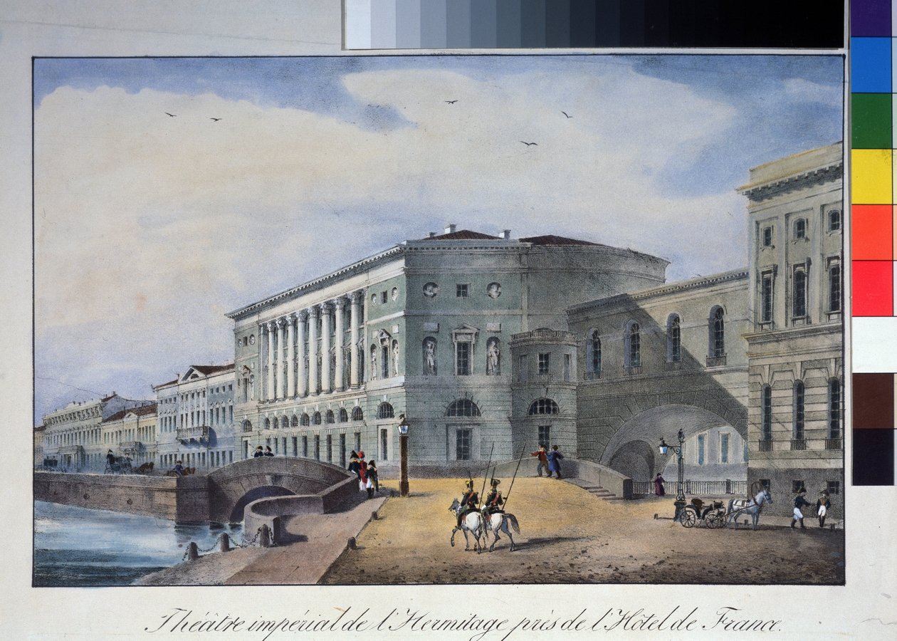 Teatr Ermitaż w Sankt Petersburgu. Anonimowa litografia, kolorowana akwarelą, ok. 1840 r. Muzeum Pamięci A. Puszkina, Sankt Petersburg. autorstwa Anonymous Anonymous