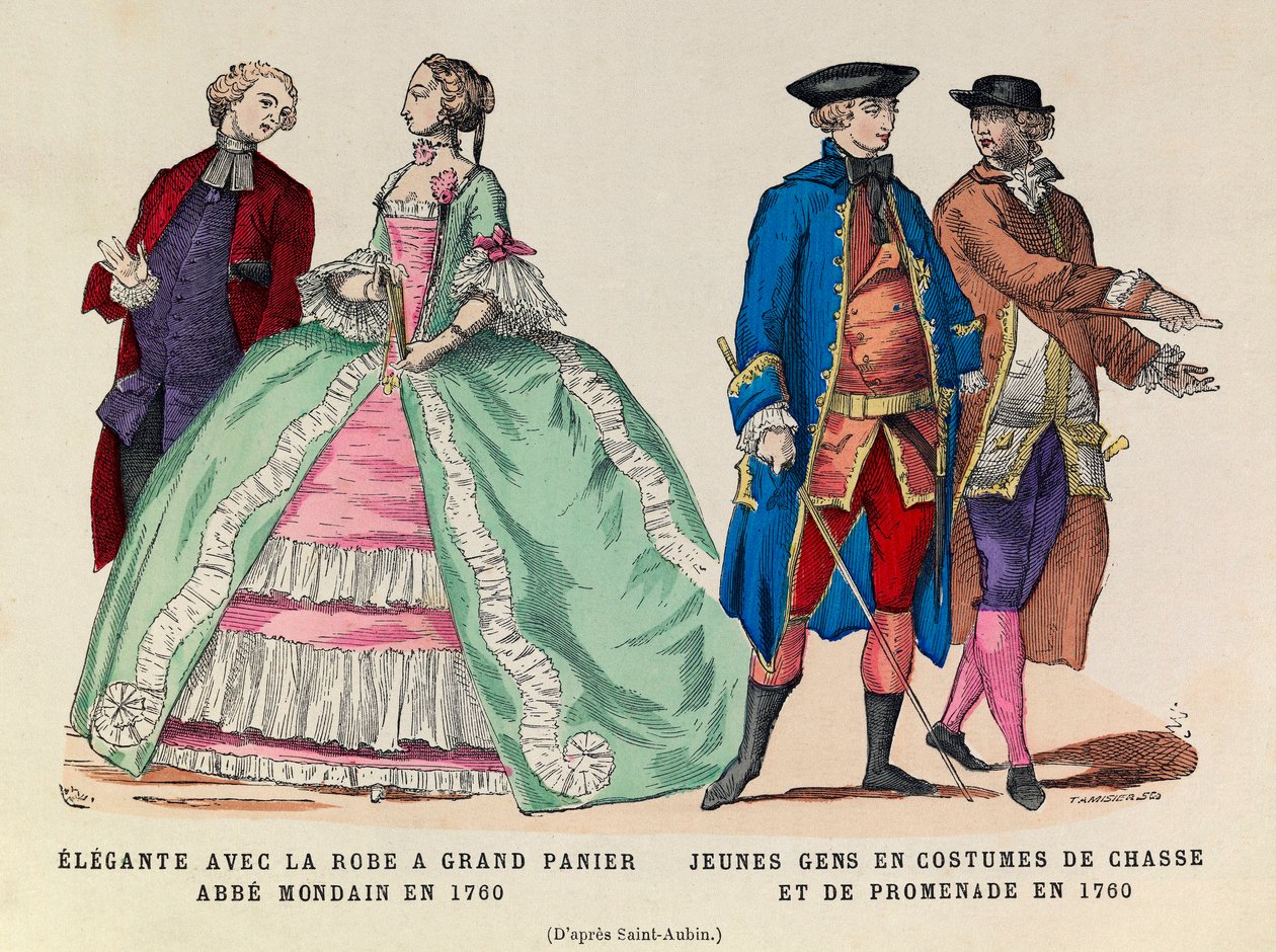 Po lewej: Elegante z dużą suknią koszową, monday abbe w 1760/po prawej: Młodzi mężczyźni w strojach myśliwskich i spacerowych z 1760 (regne króla Ludwika XV) - kolekcja prywatna autorstwa Anonymous Anonymous