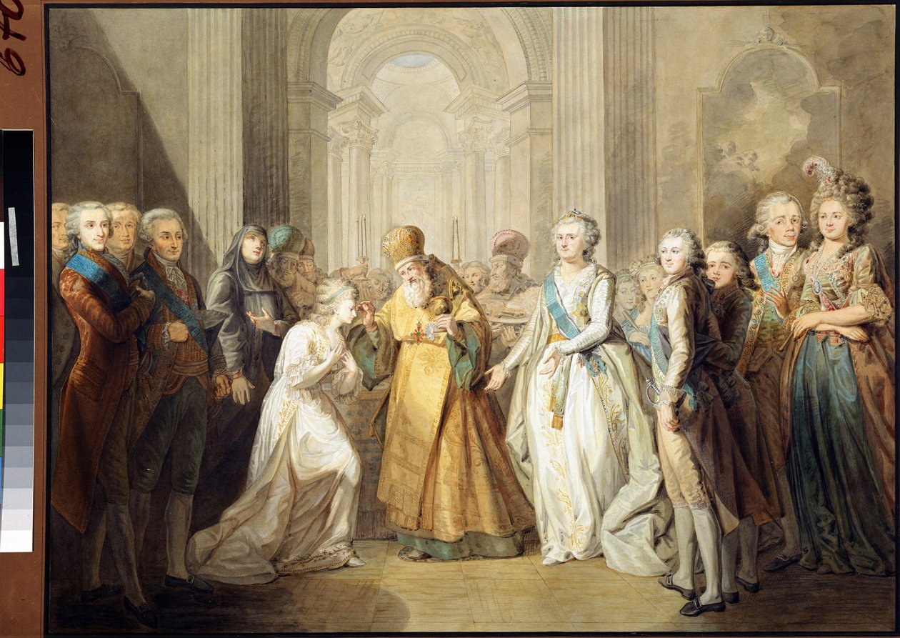 Zaręczyny wielkiego księcia Aleksandra Pawłowicza (ówczesnego cara Aleksandra I Pawłowicza Romanowa (1777-1825) i księżniczki Ludwiki Augusty z Baden (Baden) (wówczas cesarzowej Elżbiety Aleksiejewnej (Elizabeth Aleksiejewna) autorstwa Anonymous Anonymous