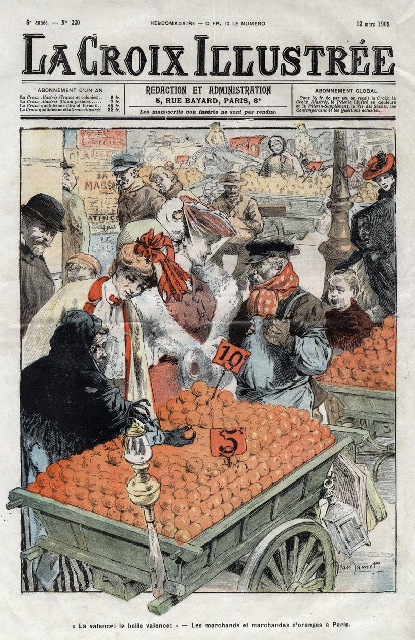 Kupcy pomarańczy (La valence) w Paryżu w 1905 r. - okładka „La-Croix-Illustree” z 1905 r. autorstwa Anonymous Anonymous