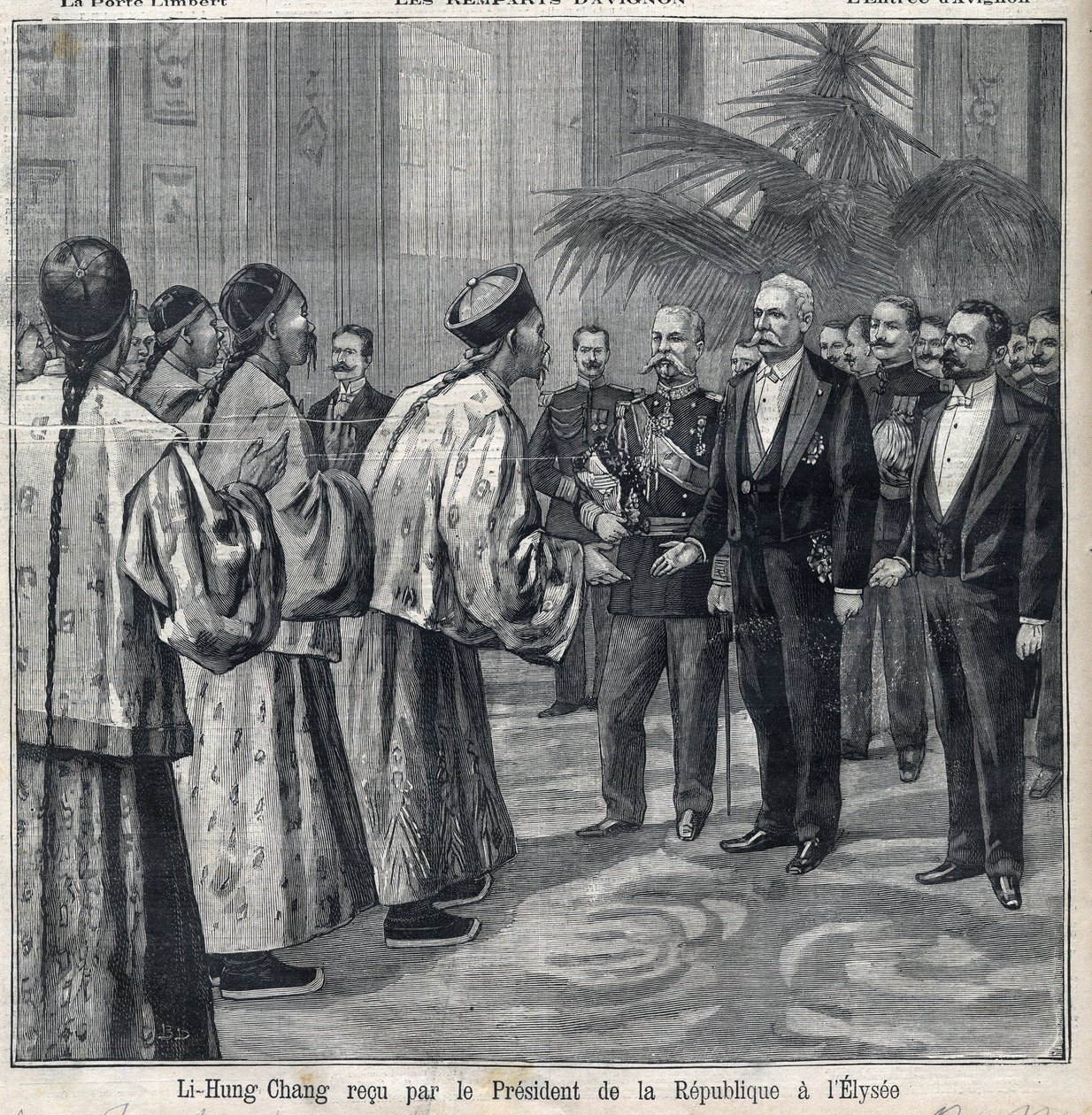 Li Hongzhang przyjęty przez prezydenta republiki Felixa Faure (1841-1899) w Pałacu Elizejskim. Grawerowanie w „Le Petite Parisien”” autorstwa Anonymous Anonymous