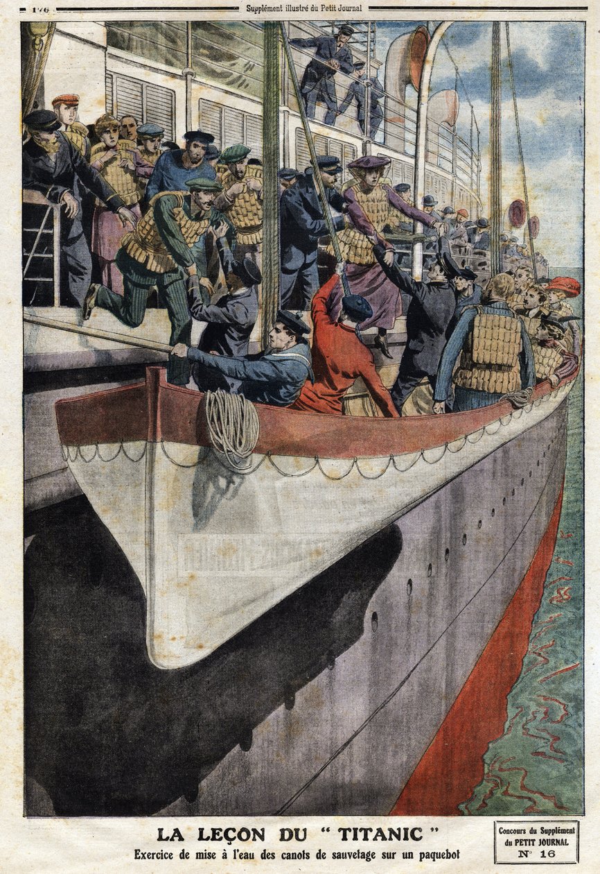 Ćwiczenie łodzi ratunkowej na pokładzie liniowca po zatonięciu RMS Titanic, 15 kwietnia 1912 r., Ilustracja z francuskiej gazety Le petit Journal, 2 czerwca autorstwa Anonymous Anonymous