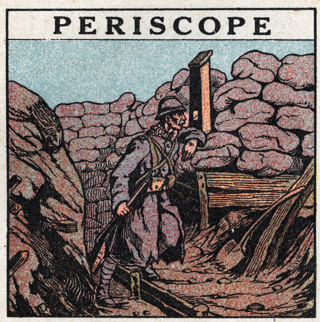 Odbicie światła: peryskop używany w okopie przez Włocha podczas I wojny światowej (1914-1918). Anonimowa ilustracja z 1925 r. Ze zbiorów prywatnych. autorstwa Anonymous Anonymous