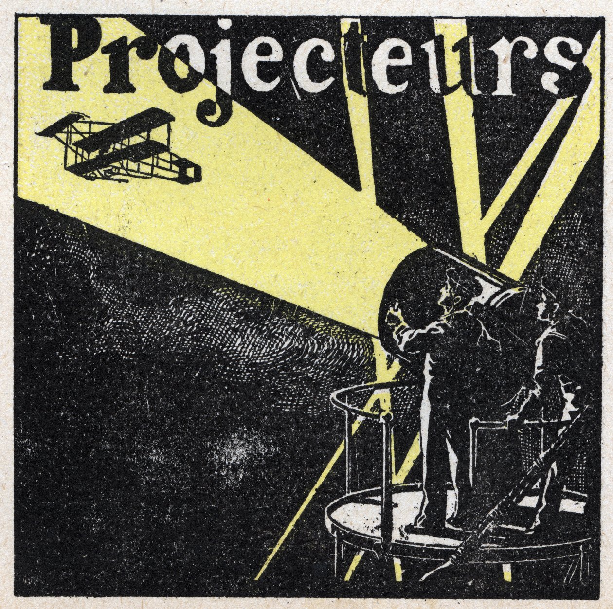 Odbicie światła: reflektory używane do wykrywania samolotu na niebie w nocy. Anonimowa ilustracja z 1925 r. Ze zbiorów prywatnych. autorstwa Anonymous Anonymous