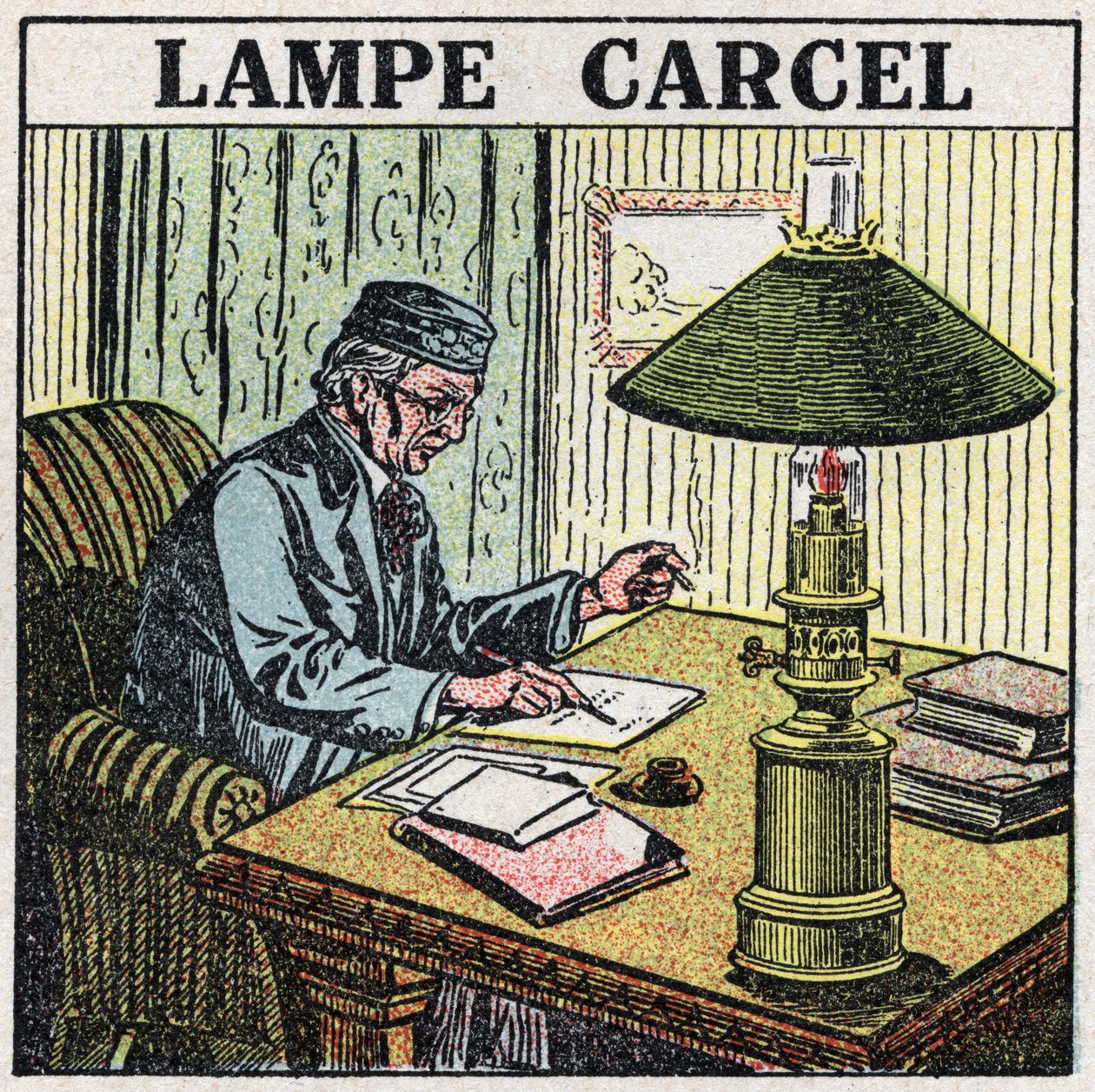 Źródła światła: lampa Carcel, wynaleziona przez Guillaume Carcel (1750-1812) i wykorzystująca olej roślinny. Anonimowa ilustracja z 1925 r. Ze zbiorów prywatnych. autorstwa Anonymous Anonymous