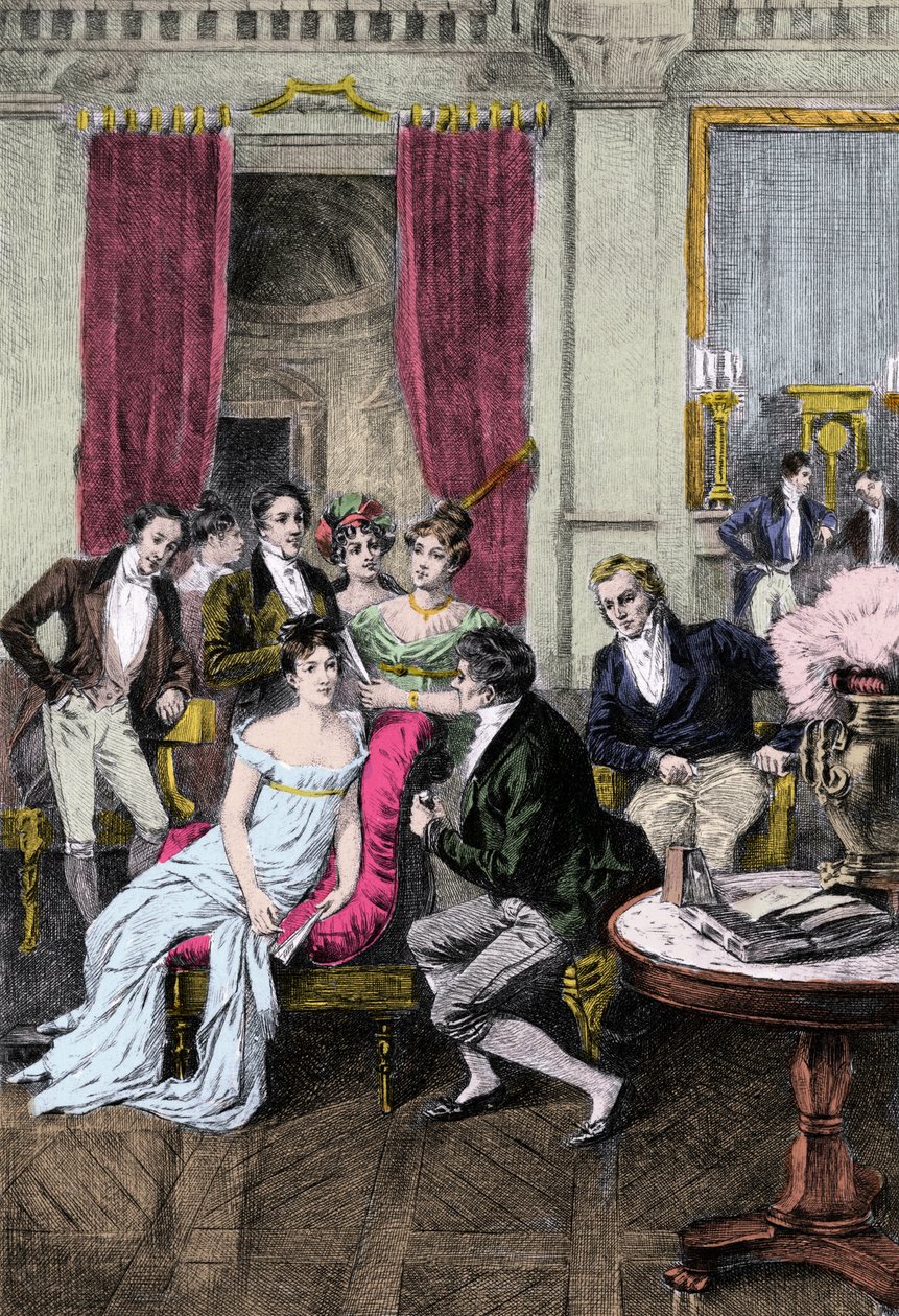 Salon Literacki: „” Wokół Madame Recamier”” Madame Juliette Recamier (1777-1849) w otoczeniu osobistości literackich i politycznych: Charlesa Nodiera (1780-1844), Francois Rene, wicehrabiego de Chateaubriand (1768-1848), Sophie Gay (1776-1852) ), Benjamin  autorstwa Anonymous Anonymous