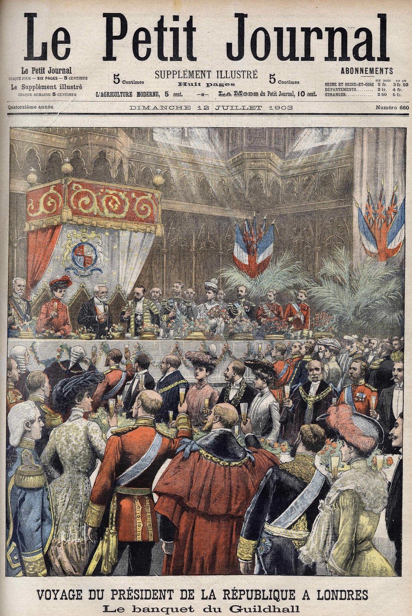 Londyn, Wielka Brytania. Podróż prezydenta Loubeta. Przyjęcie w Guildhall przez Sir Marcusa Samuela. Le Petit Journal, lipiec 1903 (grafika) autorstwa Anonymous Anonymous