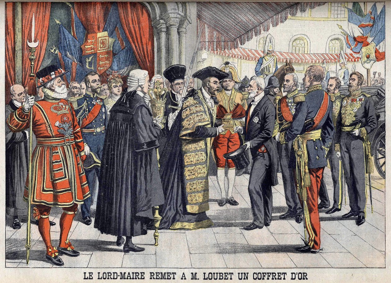 Londyn, Wielka Brytania. Sir Marcus Samuel wręcza prezydentowi Emile Loubetowi złote pudełko po przyjęciu w Guildhall. Le petit Journal, lipiec 1903. autorstwa Anonymous Anonymous