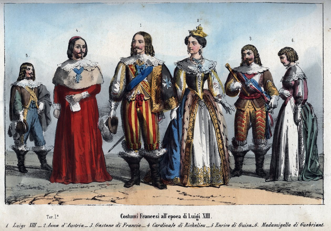 Ludwik XIII - Anna Austriacka (1601-1666) (Anna Austriacka) - Gaston Francji (Gaston, książę Orleanu) - Armand Jean du Plessis, kardynał de Richelieu - Henryk II de Guise (Henryk II, książę Guise) - Anne-Marie Budes de Guebriant - grawer z „” Usi e autorstwa Anonymous Anonymous