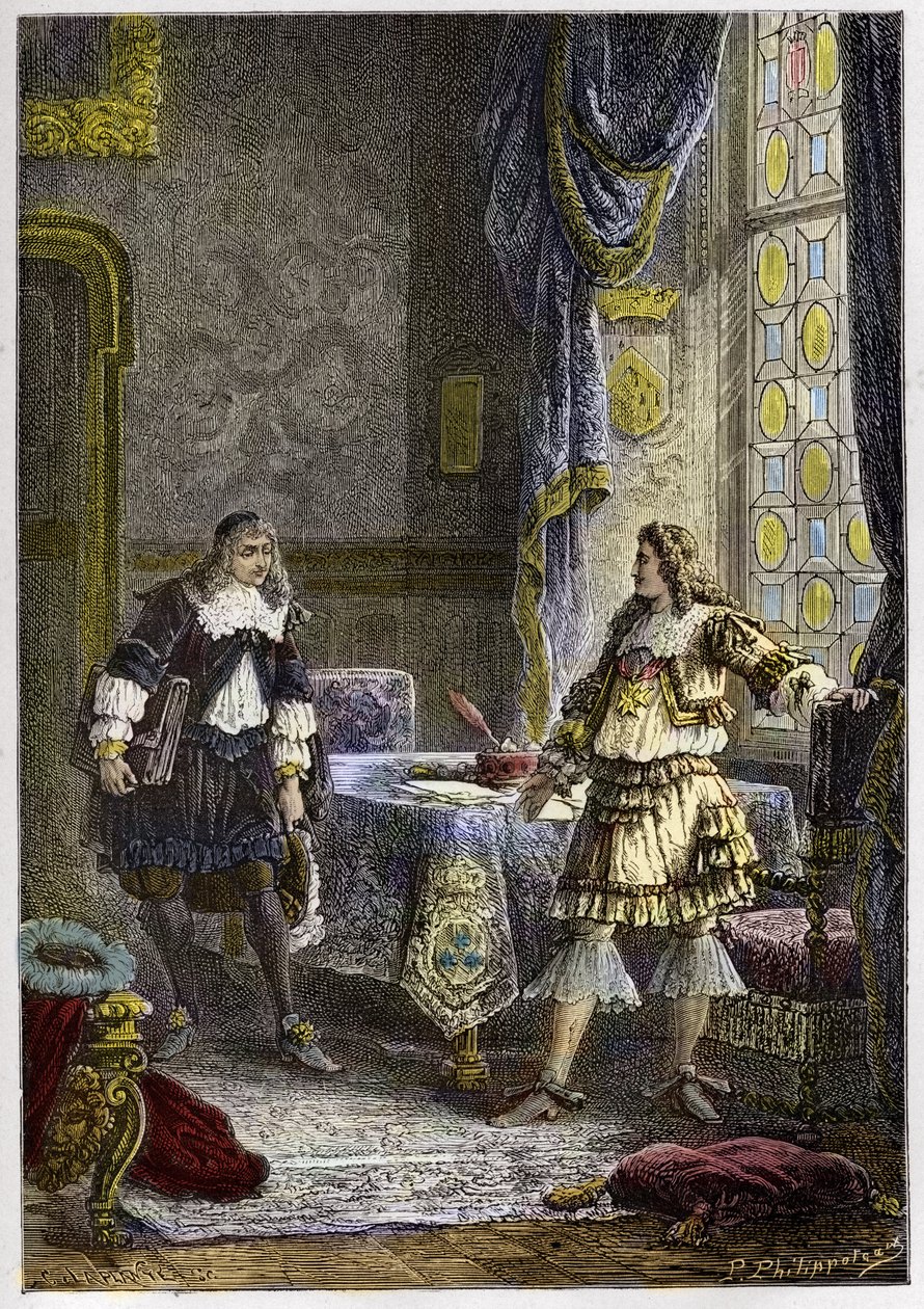 Ludwik XIV odwołuje Nicolasa Fouquet - Ludwik XIV odwołuje Nadinspektora Finansów, Nicolas Fouquet - rycina z ""L