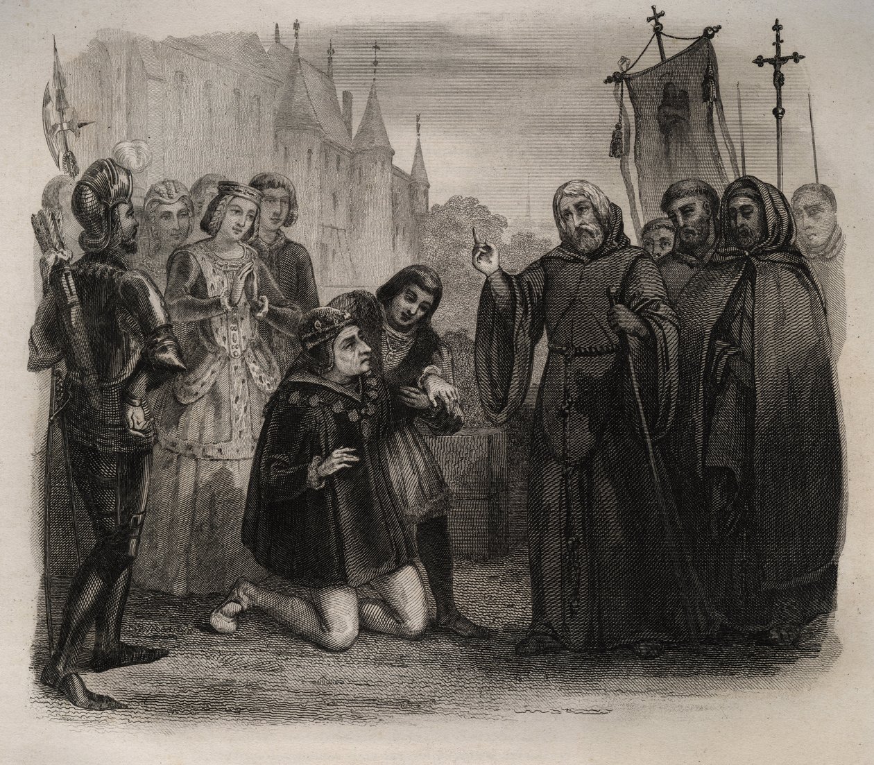 Ludwik XI (1423-1483) prosząc o swoją partyjkę u Franciszka de Paule (1416-1507) Rycina z 1846 r. w „Żywotach świętych””. Prywatna kolekcja. autorstwa Anonymous Anonymous