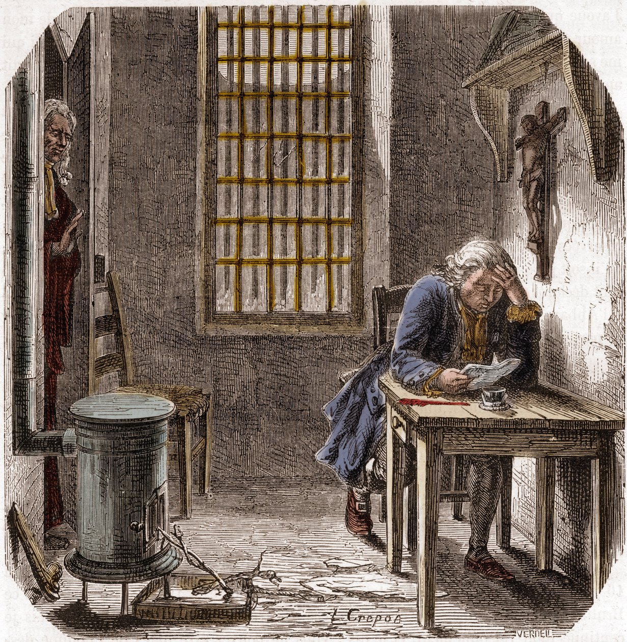 Ludwik XVI (1754-93) Czytanie swojej ostatniej woli i testamentu w świątyni 1792 - Ludwik XVI czytający swoją wolę w wieży świątyni w dniu 25 grudnia 1792 - Grawerowanie w „Histoire des Girondins” Alphonse de Lamartine (1790-1869) 1865-1866 - Zbiory prywat autorstwa Anonymous Anonymous