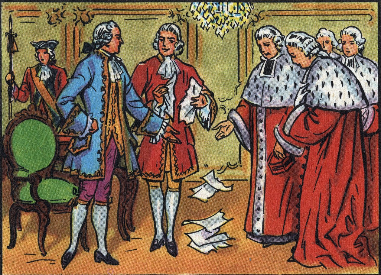 Ludwik XV (1710-1774), król Francji, łamie orzeczenia parlamentu. Anonimowa ilustracja w „”Kolekcji suwerenów i głów państw Francji””. XX wiek. Prywatna kolekcja. autorstwa Anonymous Anonymous