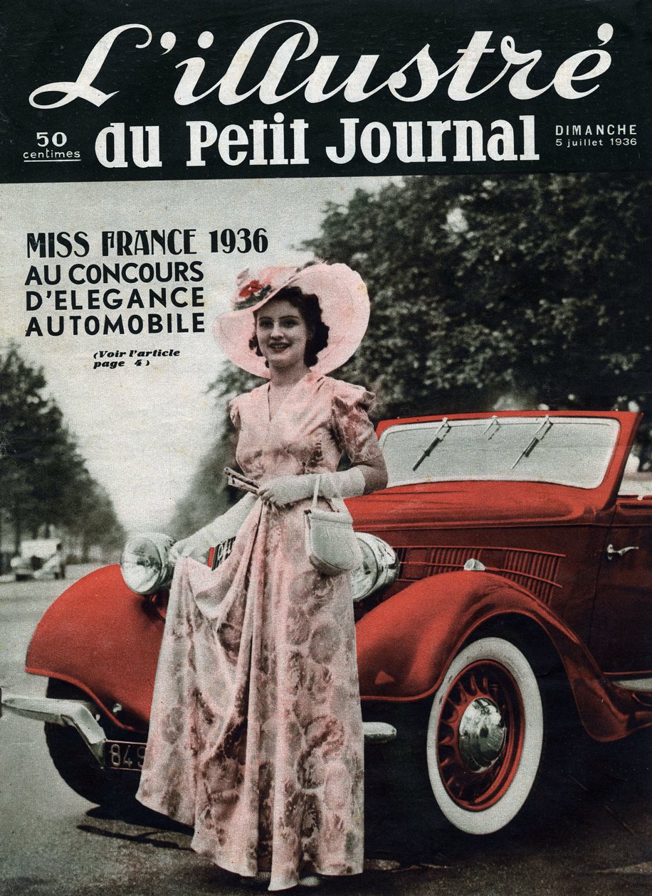 Lynne Lassal Miss Francji 1936 na konkursie motoryzacyjnej elegancji. Jeden z czasopism „L