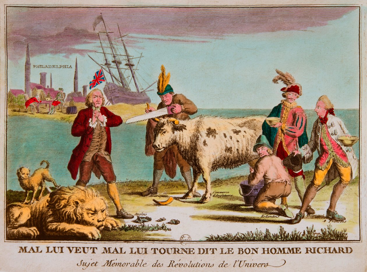 Mal chce go źle, powiedział dobry człowiek Richard Pamiętny temat rewolucji wszechświata. Karykatura przeciwko Anglii. 1780, Privee Collection (Brytyjski handel jako krowa mleczna. Na zdjęciach: Wielka Brytania jako śpiący lew; Kongres Kontynentalny jako I autorstwa Anonymous Anonymous