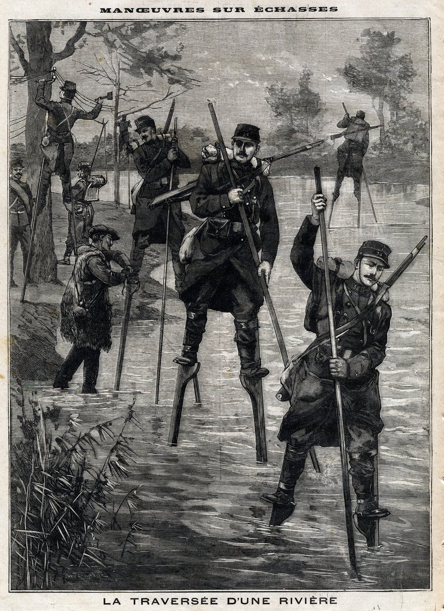 Manewry na echasse: przeprawa przez rzekę przez francuskie wojsko do Mont de Marsan (Mont-de-Marsan) prowadzona przez echassierów Landes w celu ustanowienia linii telegraficznej. Rytownictwo. W „”Le Petro Parisien””, 17.12.1899. Prywatna kolekcja. autorstwa Anonymous Anonymous