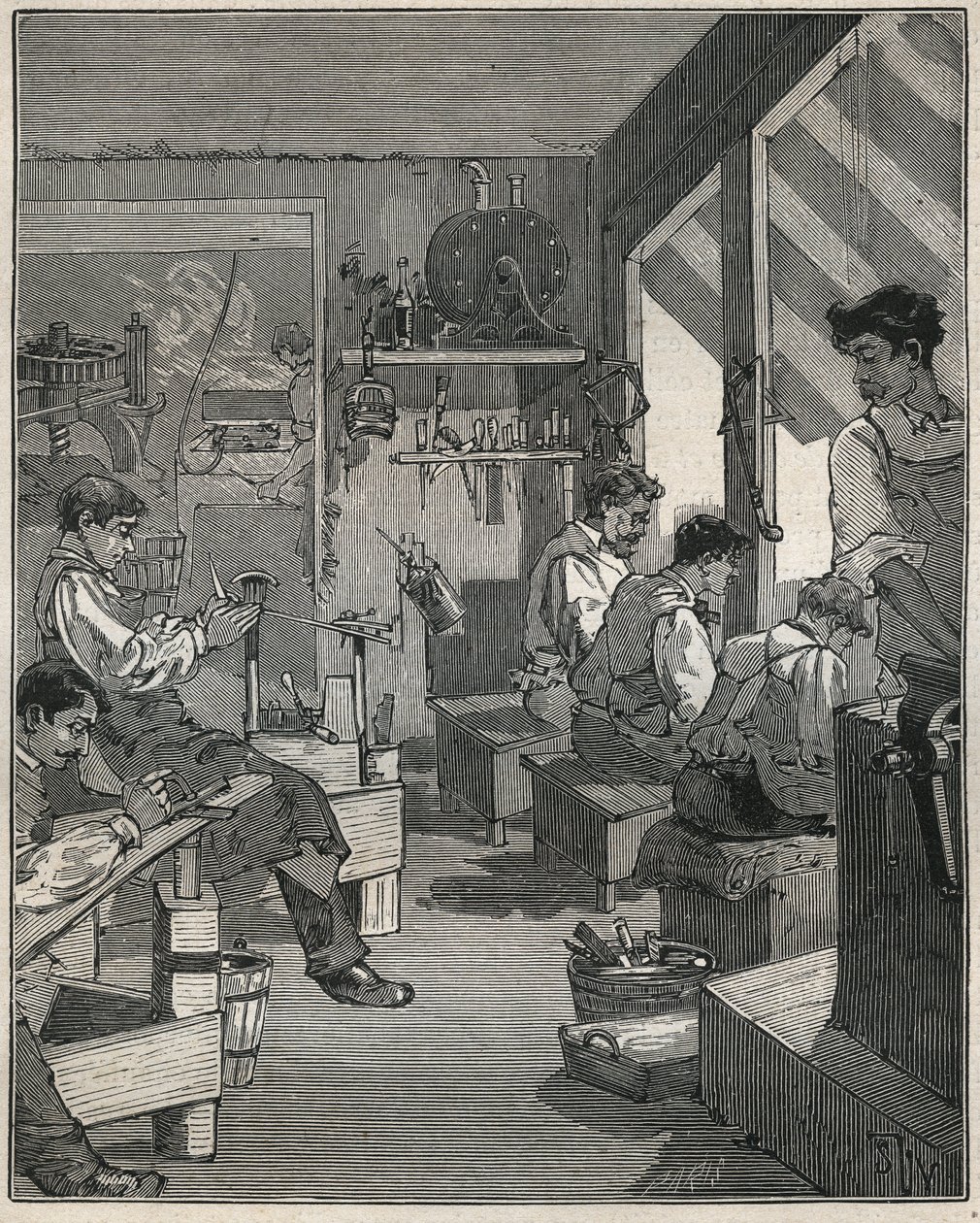 Produkcja grzebieni w warsztacie we Francji w XIX wieku. Grawer z 1885 roku w „Les arts et metiers illustres” Adolphe BITARD. autorstwa Anonymous Anonymous