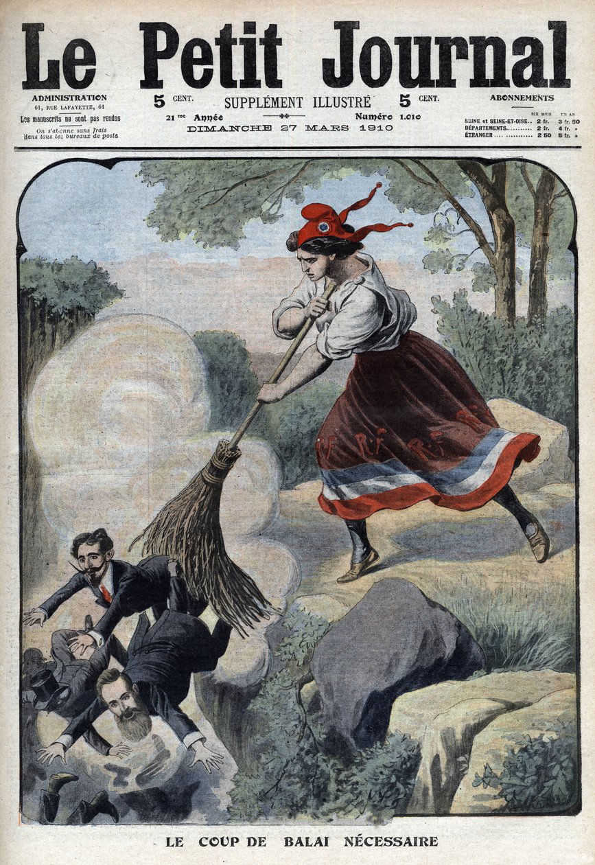 Marianne daje niezbędną miotłę przeciwko likwidatorom, handlarzom i śpiewakom (Marianne i skandale III RP) – „” Le petit Journal”” z soboty 27 marca 1910 r. autorstwa Anonymous Anonymous