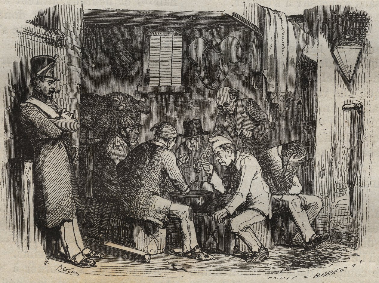Posiłek skazanych w więzieniu Rochefort w XIX wieku. Grawer „Historia skazanych od ich powstania do dnia dzisiejszego” (1877) autorstwa Pierre