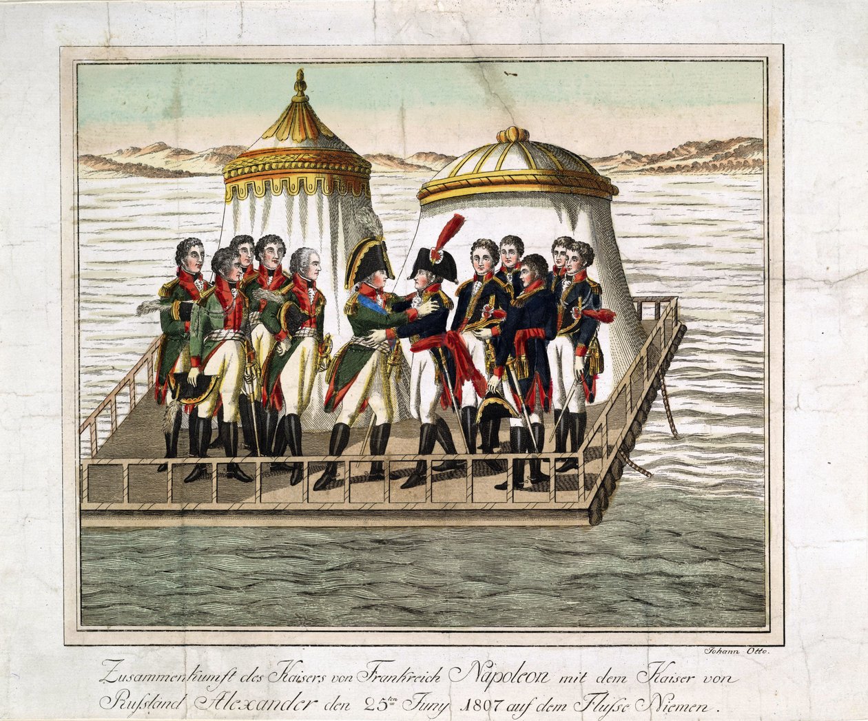 Spotkanie cesarzy Aleksandra I z Rosji i Napoleona I z Francji nad Niemnem w pobliżu Tilsit - Anonim - 1807 - Akwaforta, akwarela - 29,7x39,7 - Kolekcja prywatna autorstwa Anonymous Anonymous
