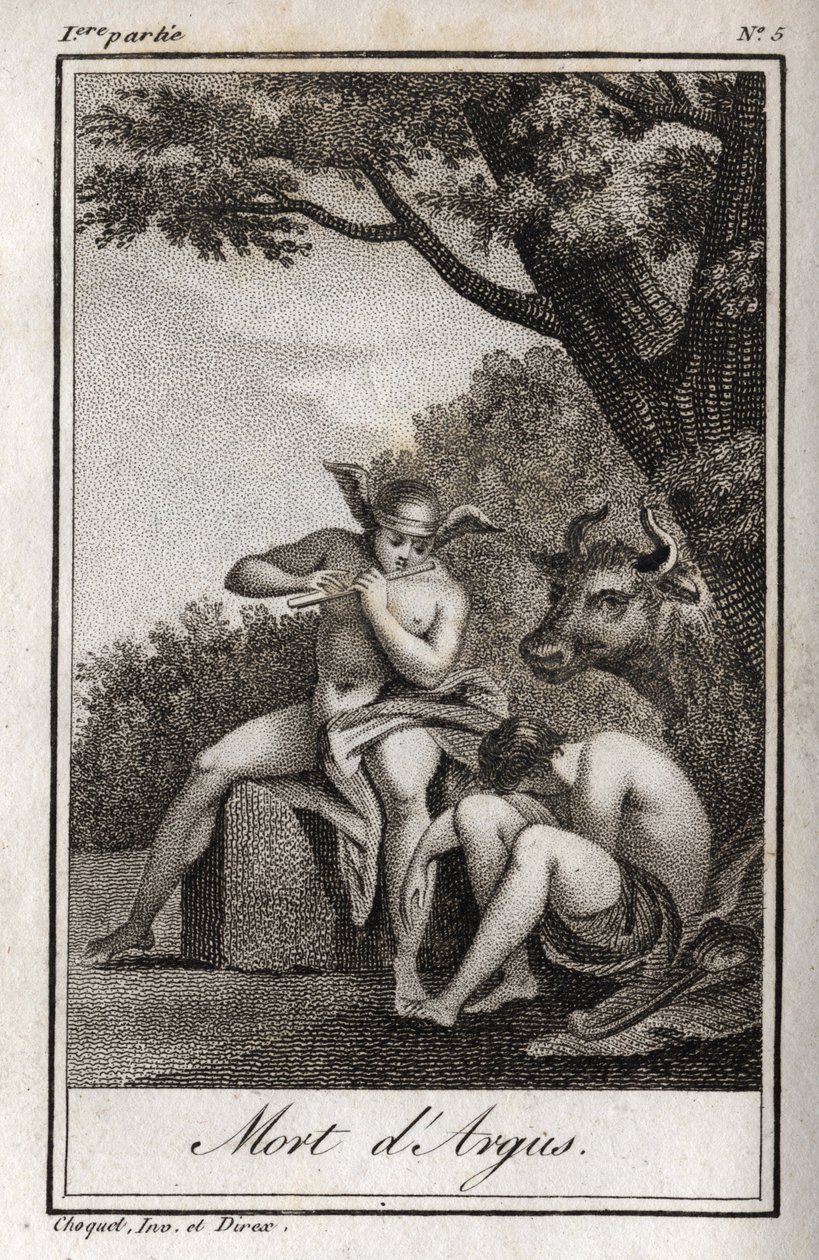 Merkury i Argus (Merkury i Argus). Śmierć Argusa: Merkury grany na flecie, by zasnąć Argusa i wydobyć nimfę Io, przemienioną w krowę. Rycina z 1819 r. w „Lettres a Emilie sur la mitologie” Charlesa Alberta Demoustiera (1760-1801). autorstwa Anonymous Anonymous
