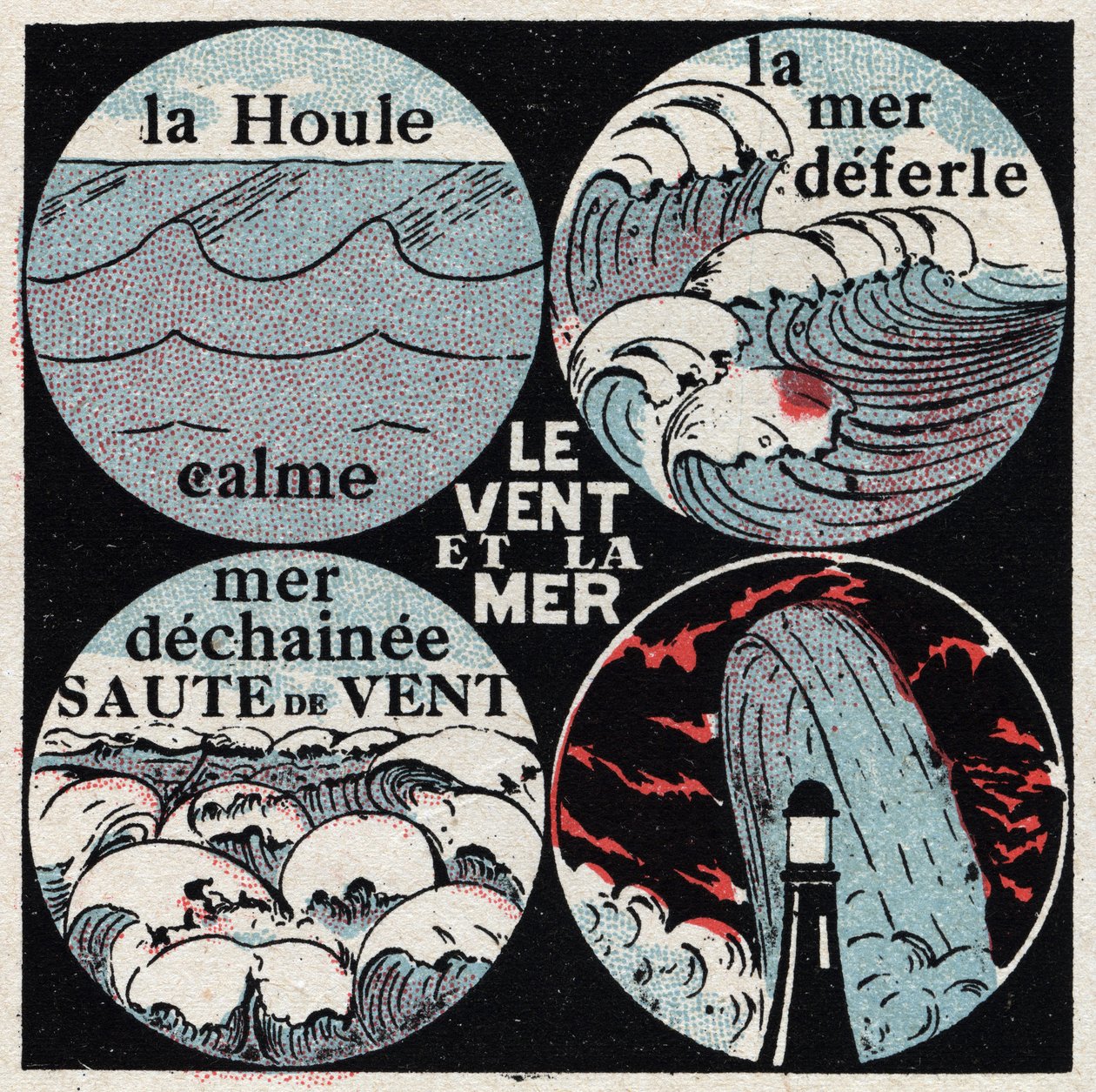 Meteorologia: wpływ wiatru na morze. Spokojna fala, morze opóźnione, morski dechainee, fala. Anonimowa ilustracja z 1925 r. Ze zbiorów prywatnych. autorstwa Anonymous Anonymous