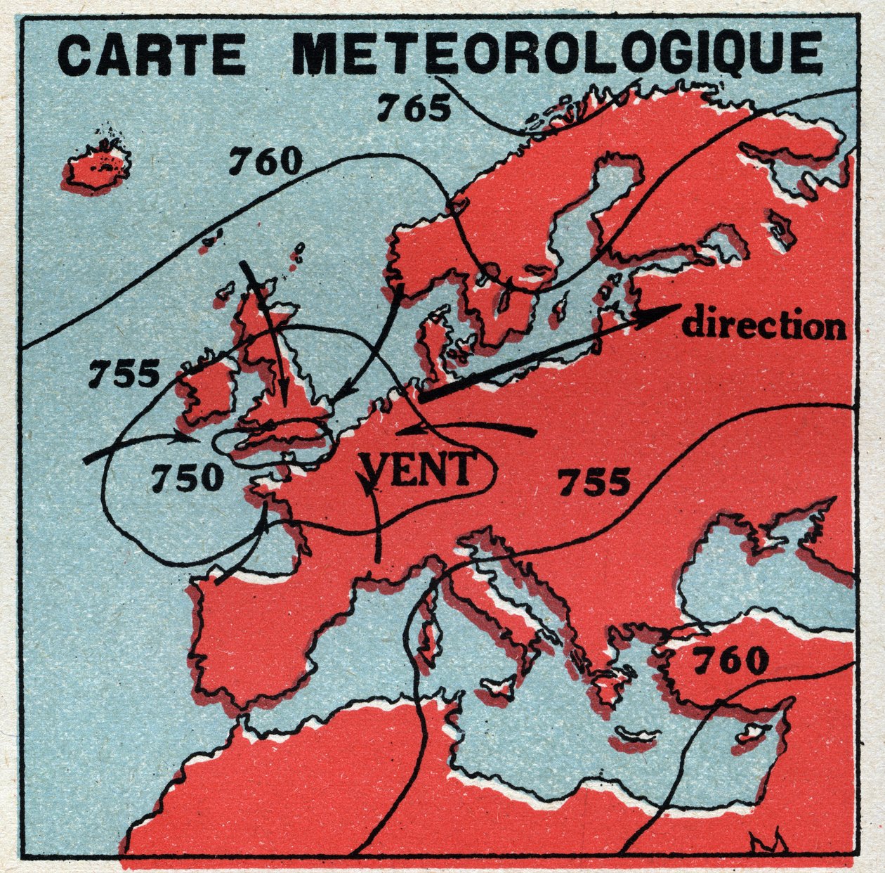 Meteorologia: mapa meteorologiczna. Anonimowa ilustracja z 1925 r. Ze zbiorów prywatnych. autorstwa Anonymous Anonymous