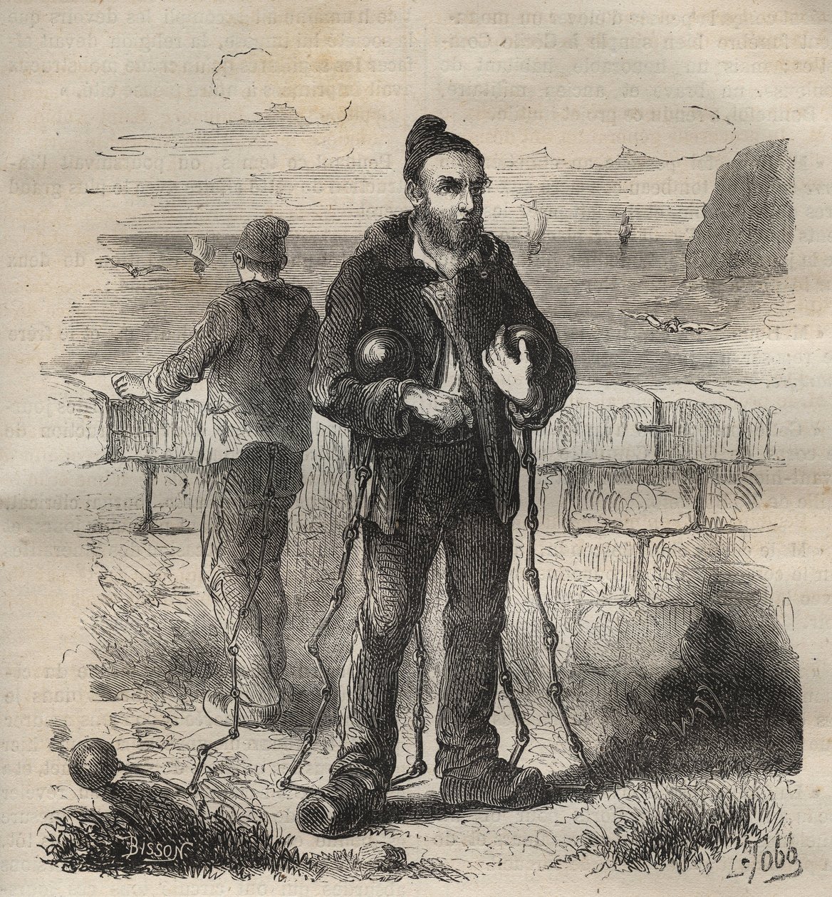 Wojskowy skazany na więzienie w Tulonie w XIX wieku. Grawer „Historia skazanych od ich powstania do dnia dzisiejszego” (1877) autorstwa Pierre