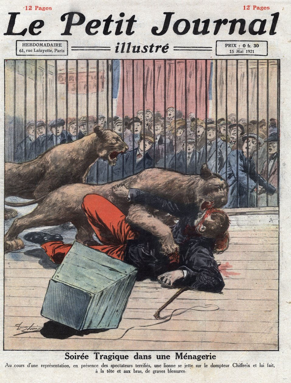 Różne: w wypadku podczas pokazu w menażerii lwica poważnie rani pogromcy. Ilustracja zaczerpnięta z „”Le petit journal”” z 15.05.1921 r. Kolekcja privee autorstwa Anonymous Anonymous