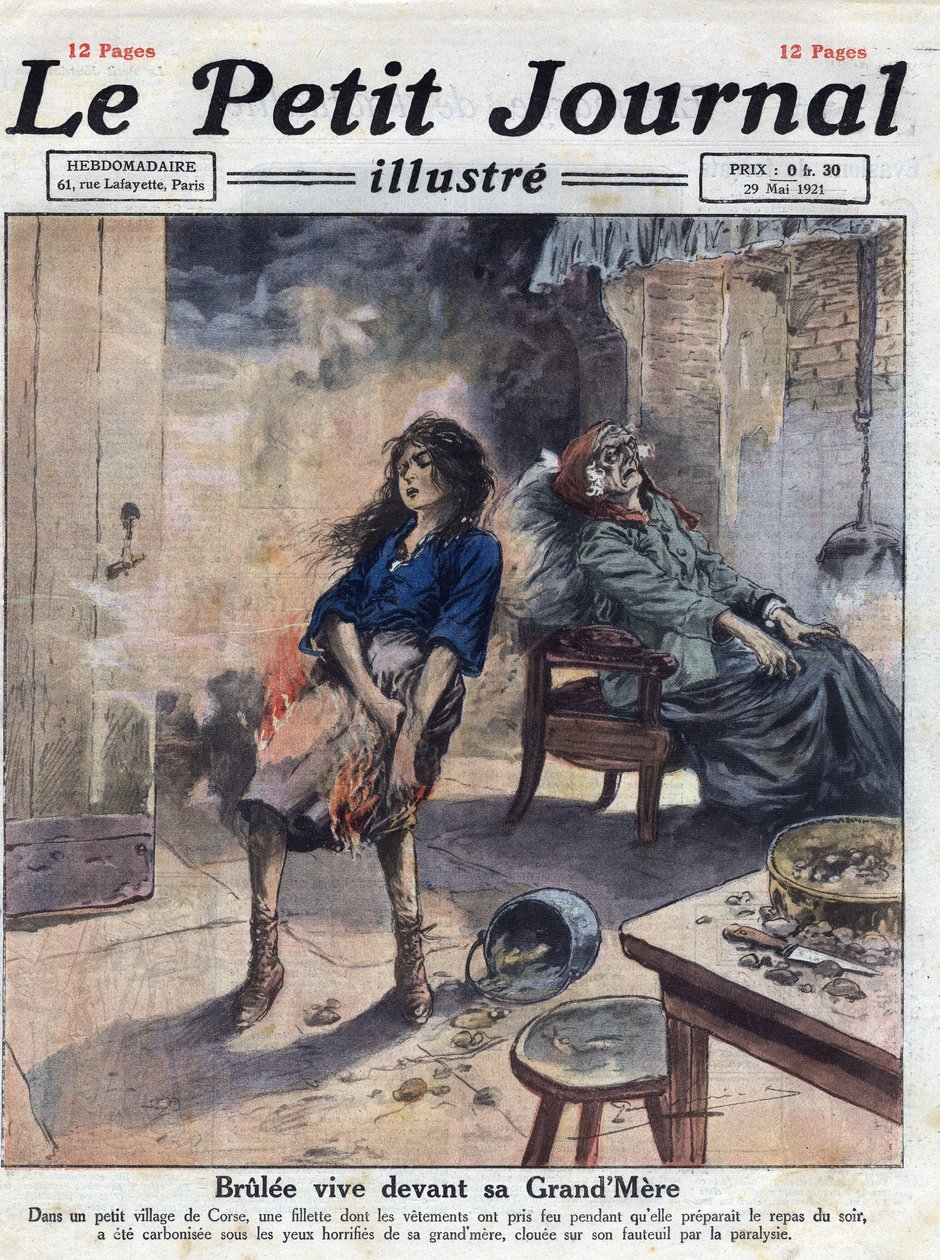 Różne: dramatyczna śmierć młodej brulee mieszka przed swoją sparaliżowaną babcią. Ilustracja zaczerpnięta z „Le petit journal illustrious”” z 29.05.1921 r. Prywatna kolekcja autorstwa Anonymous Anonymous