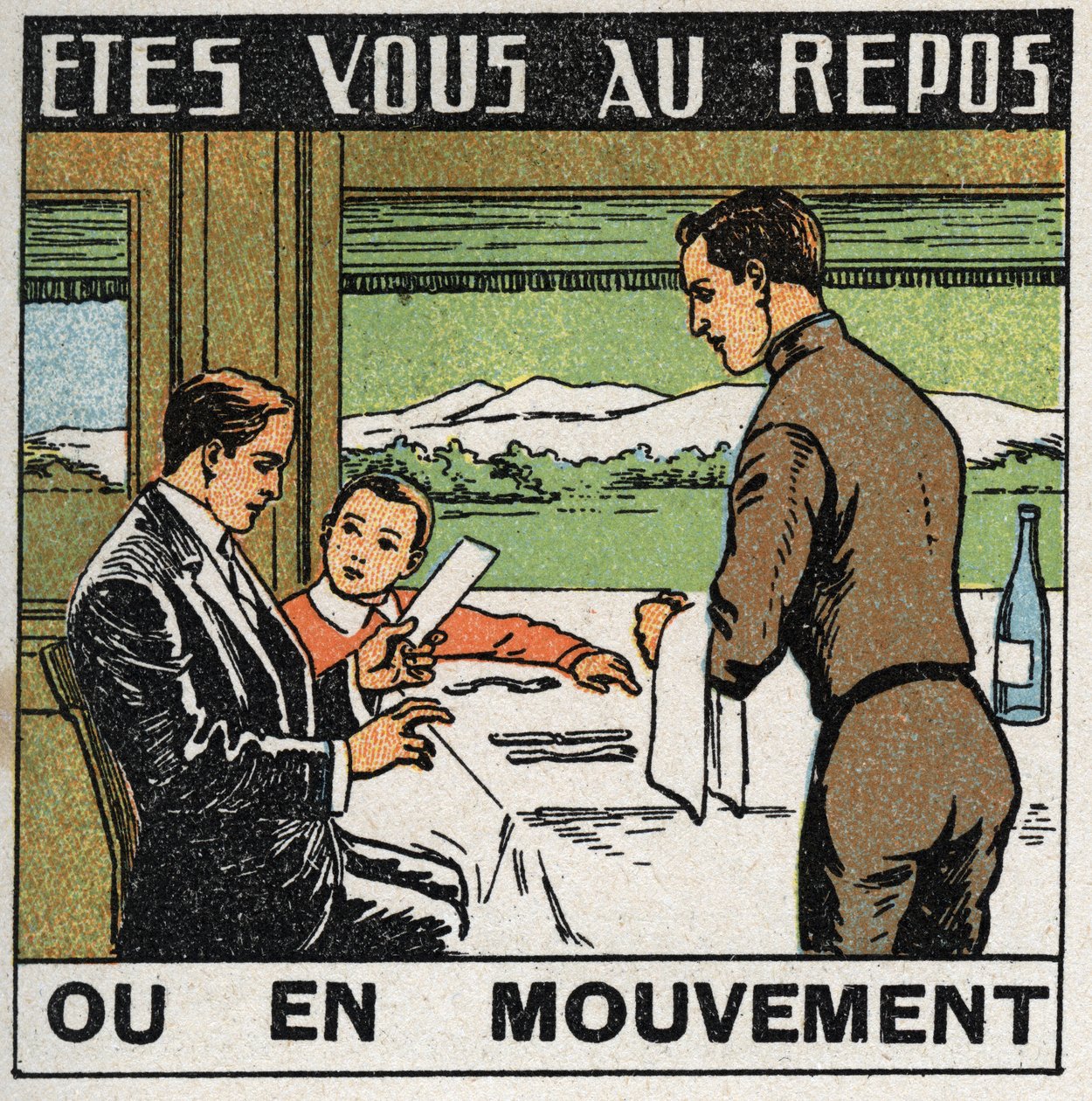Ruchy: scena w restauracji pociągu, w której pasażerowie nie poruszają się, gdy pociąg porusza się do przodu. Anonimowa ilustracja z 1925 r. Ze zbiorów prywatnych. autorstwa Anonymous Anonymous