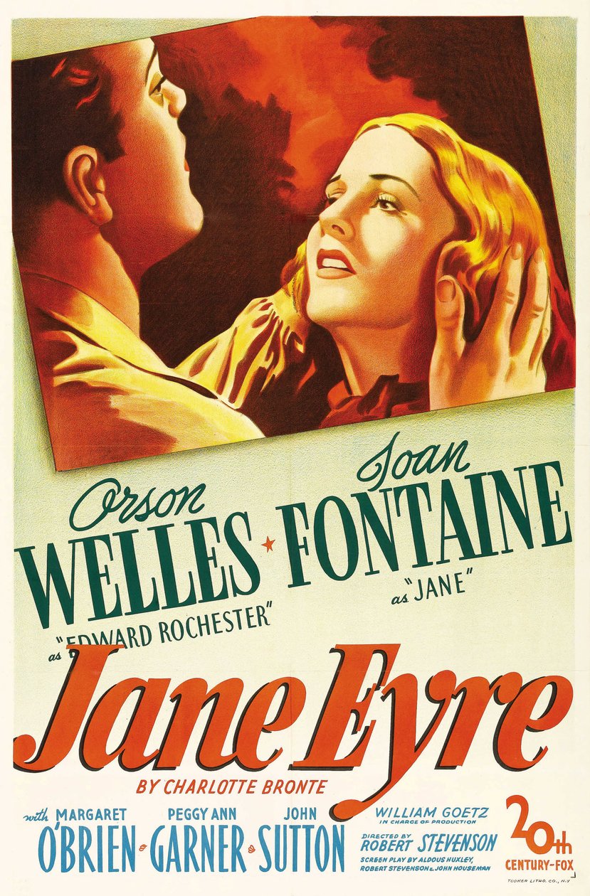 Plakat filmowy z filmu „”Jane Eyre”” napisany przez Charlotte Bronte i wyreżyserowany przez Roberta Stevensona w 1944 roku z aktorami Orsonem Wellesem jako Edward Rochesterem i Joan Fontaine jako Jane. Prywatna kolekcja. autorstwa Anonymous Anonymous