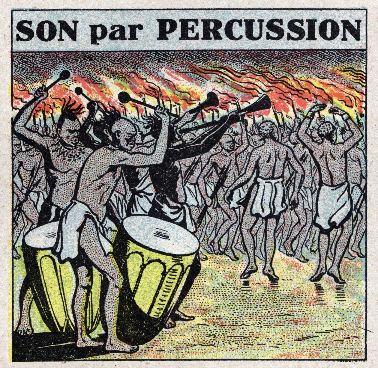 Instrumenty muzyczne: perkusiści w afrykańskiej wiosce. Anonimowa ilustracja z 1925 r. Ze zbiorów prywatnych. autorstwa Anonymous Anonymous