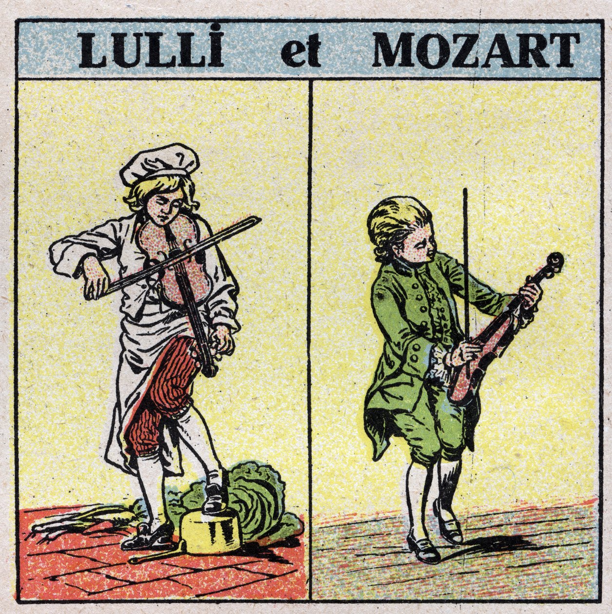 Instrumenty muzyczne: instrumenty smyczkowe pocierane. Jean Baptiste Lully (Giovanni Battista Lulli) (1632-1687) i Wolfang Amadeus Mozart (1756-1791) grający na skrzypcach. Anonimowa ilustracja z 1925 r. Ze zbiorów prywatnych. autorstwa Anonymous Anonymous