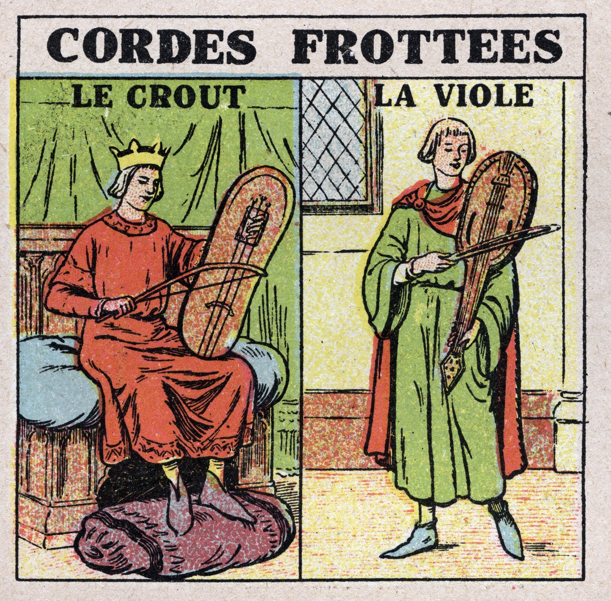 Instrumenty muzyczne: instrumenty smyczkowe pocierane. Gracze grypy i gwałtów w średniowieczu. Anonimowa ilustracja z 1925 r. Ze zbiorów prywatnych. autorstwa Anonymous Anonymous