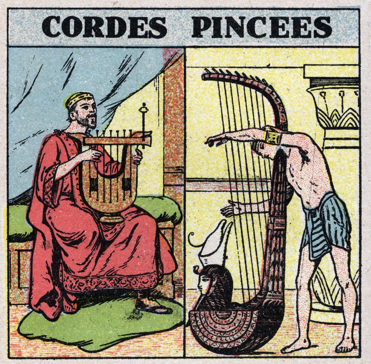 Instrumenty muzyczne: instrumenty smyczkowe zaciśnięte. Liry i harfiści w starożytności. Anonimowa ilustracja z 1925 r. Ze zbiorów prywatnych. autorstwa Anonymous Anonymous