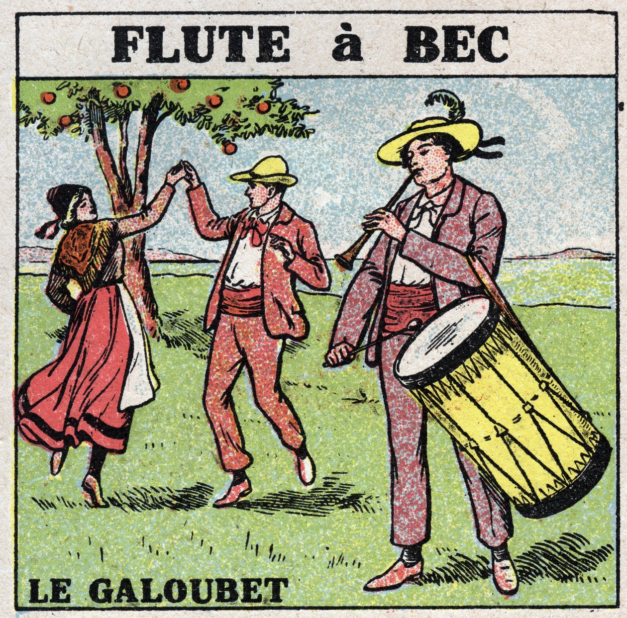 Instrumenty muzyczne: instrumenty dęte. Gracz Galubet (flet z dziobem). Anonimowa ilustracja z 1925 r. Ze zbiorów prywatnych. autorstwa Anonymous Anonymous