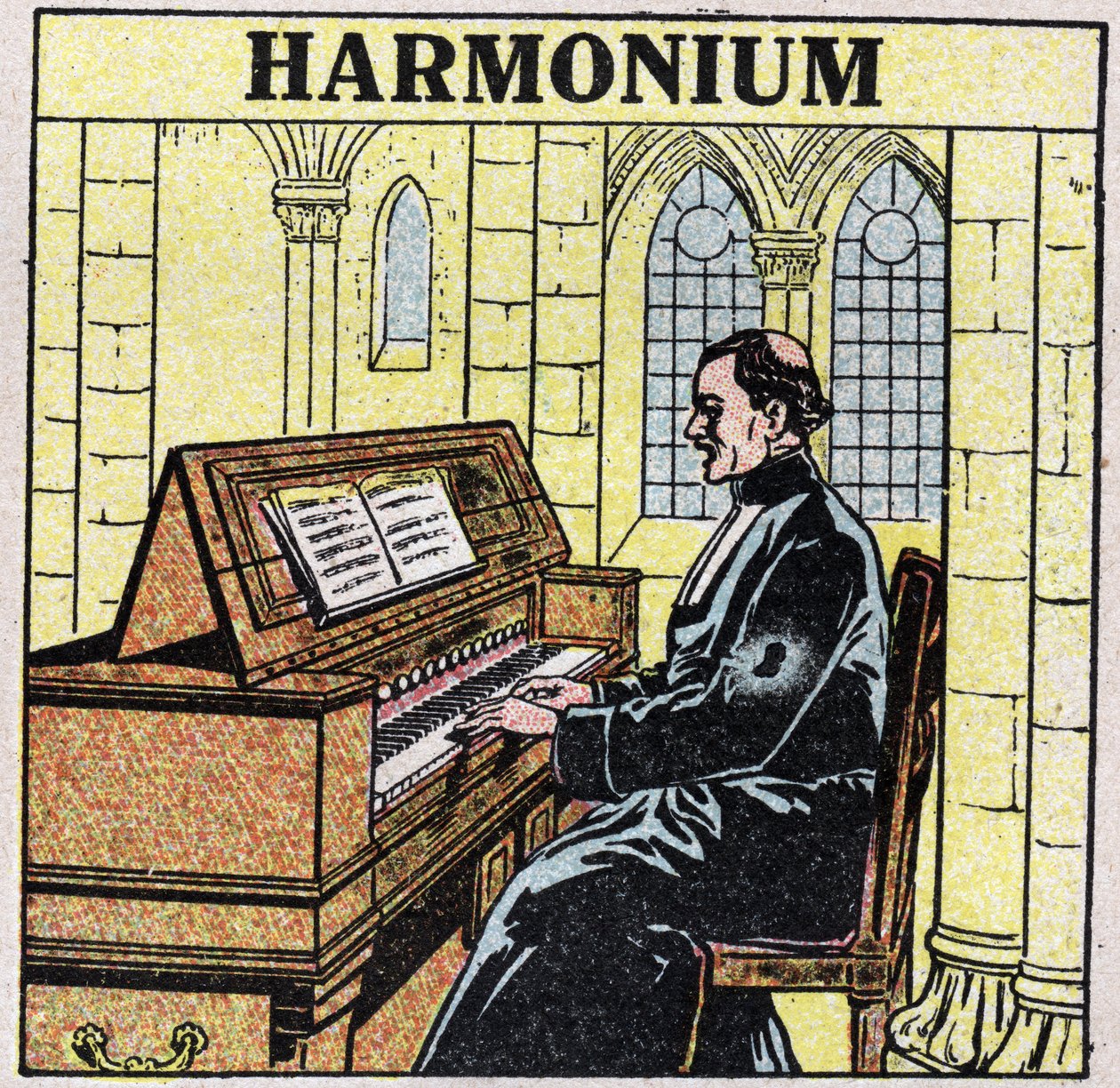 Instrumenty muzyczne: instrumenty dęte na biodrze. Grający na harmonii w kościele. Anonimowa ilustracja z 1925 r. Ze zbiorów prywatnych. autorstwa Anonymous Anonymous